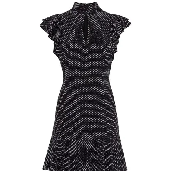Karen Millen Black White Ruffle Keyhole Tie Neck Dress Size 6 - Picture 8 of 9